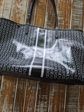 Tory Burch Black and White Chain-Link Stripe Tote